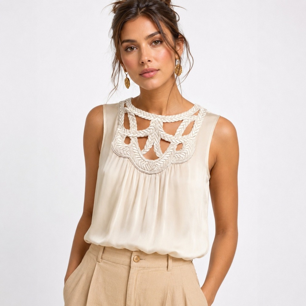 Studio M Zaira Ivory Braided Cutout Neckline Sleeveless Blouse XS NWT